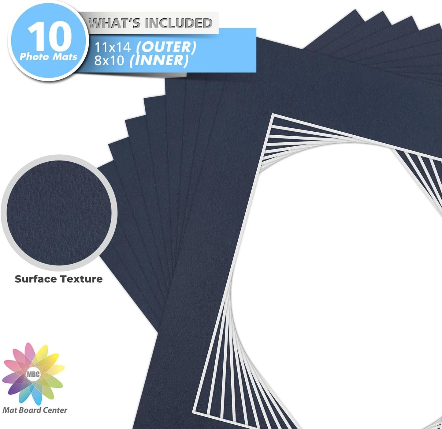 Mat Board Center, Pack of 10, 11x14 for 8x10 Dignity Blue Color Mats - Bevel Cut, Acid Free, 4-ply Thickness, White Core - for Pictures, Photos, Framing