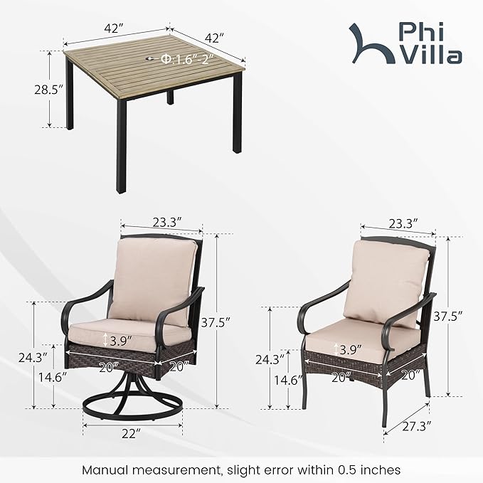 PHI VILLA 7-Piece Outdoor Dining Set, Heavy Duty Patio Table and Chairs Set with Umbrella Hole for 6, 64" Rectangular Patio Woodgrain Metal Table & Wicker Metal Chairs with Cushions, 2 Swivel