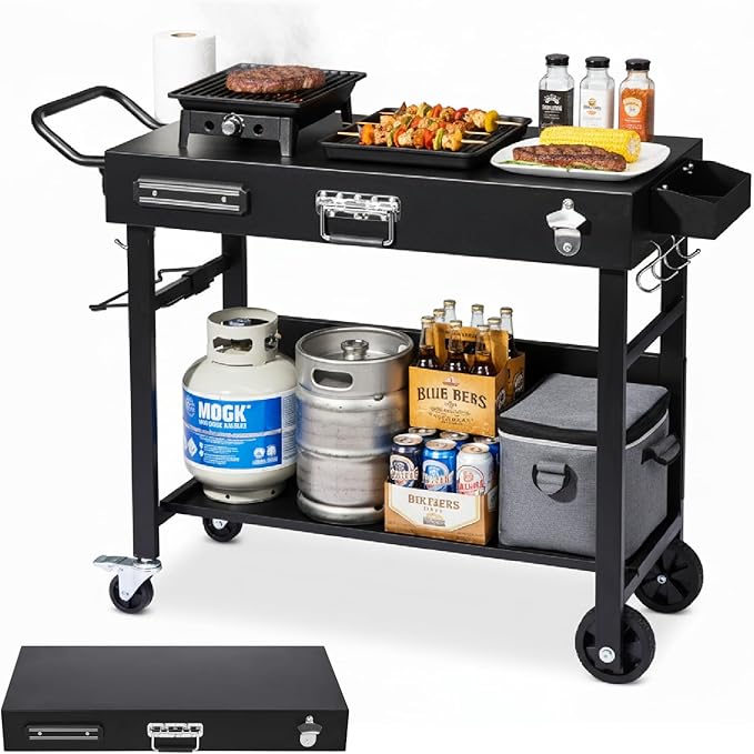 VINGLI Outdoor Grill Table Cart, Foldable Grill Cart with Wheels, Rolling Table for Ninja, Blackstone Griddle, Pizza Oven Stand, Food Prep Table w/Bottle Opener, Seasoning Tray, Rubbish Bag Holder