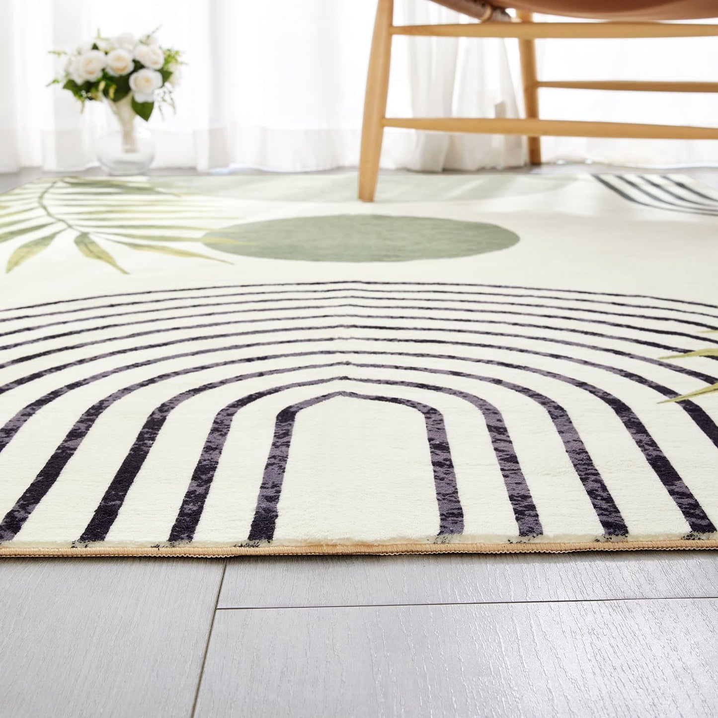 RoomTalks Mid Century Modern Washable Rug, Green Boho Cute Aesthetic 5x7 Area Rugs for Bedroom Dining Room Living Room Office, Abstract Tropical Leaves Thin Shaggy Indoor Entryway Rug Carpet