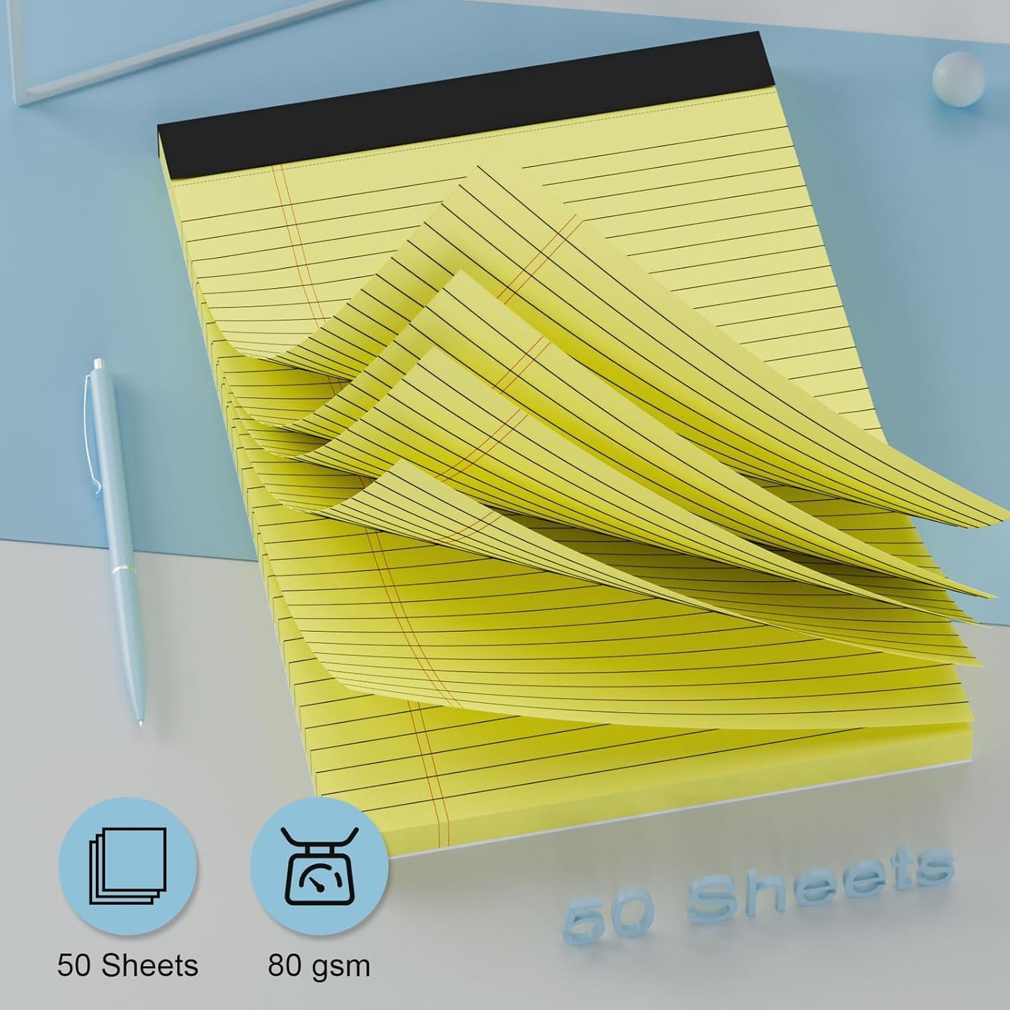 AILZFEI 300 Sheets Light Yellow Legal Pads 8.5 x 11.75 Wide Ruled Paper 6-Pack Note Pad 50 Sheets per Notepad Perforated Writing Pad Durable Sturdy Back 8x11 Pads of Paper