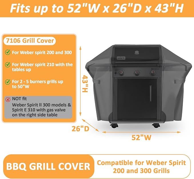 7106 Grill Cover for Weber Spirit 200 and 300 Gas Grill, Waterproof Cover for Weber Spirit 210 Gas Grill Models, 52 Inch Outdoor BBQ Cover for Spirit 2 Grill