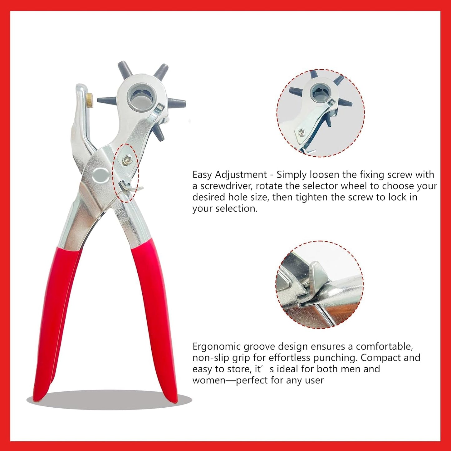 Adorox Heavy Duty Belt Hole Puncher for Leather – 6 Size Revolving Leather Hole Punch Tool with Ruler & Deburring File, Perfect for Belts, Straps, DIY Leathercraft, and Repair