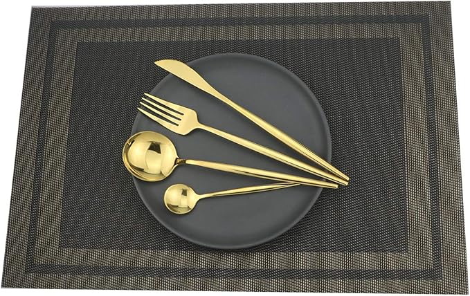 Gugrida Placemats Set of 6 Plaid Checkered Black & Gold PVC Placemat for Dining Table Durable Woven Vinyl Stain tablemats 18"X12"