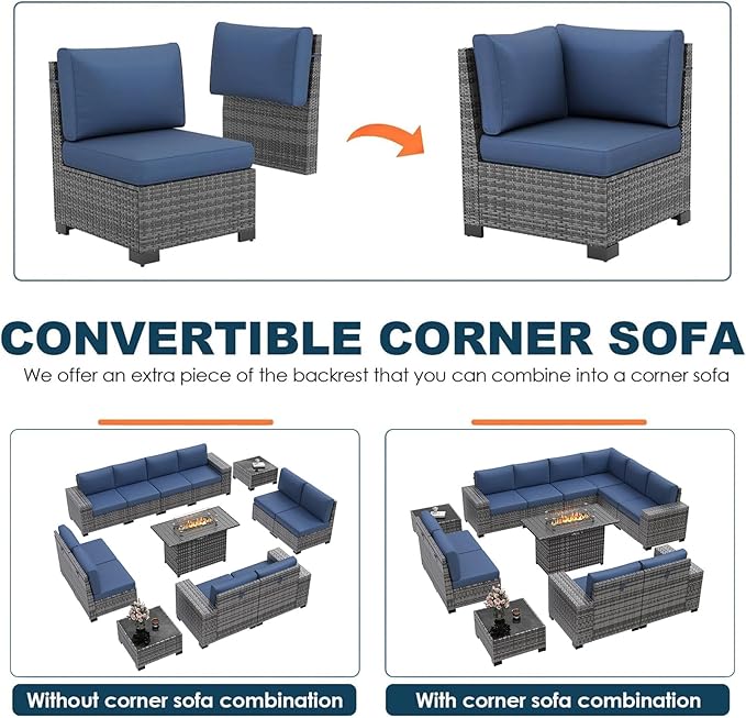 13 Piece Patio Furniture Set with Fire Pit Table, Outdoor Conversation Sets Grey Wicker Rattan Sectional Sofa, 4'' Thickened Cushion Navy Blue (Include Waterproof Cover)