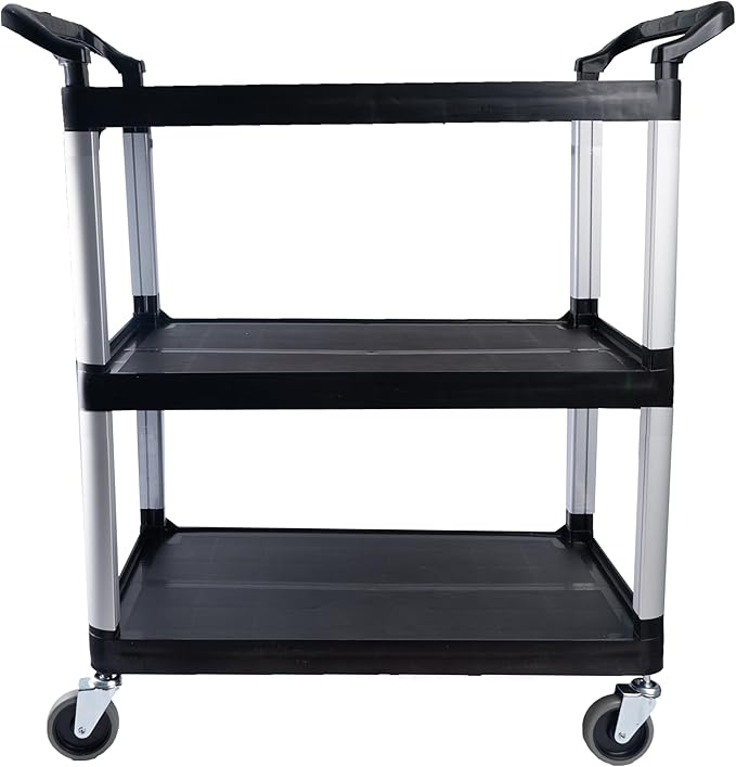 Matthew Plastic Large Utility Carts with Wheels,Heavy Duty 400lbs Capacity Rolling Service Cart,3-Tier Restaurant Food Cart with Hammer for Office,Warehouse,Garage - 2 Handles Black 41"H x 38"W x 20"D