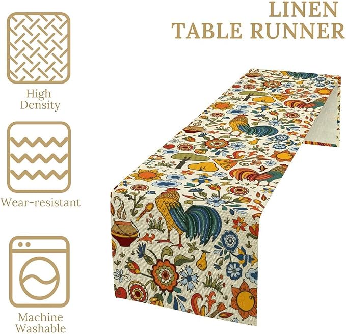 Farm Animal Table Runner, Boho Folk Style Country Rustic Farmhouse Rooster Flower Print Table Runner for Home Kitchen Dining Holiday Decor, 13x70inch