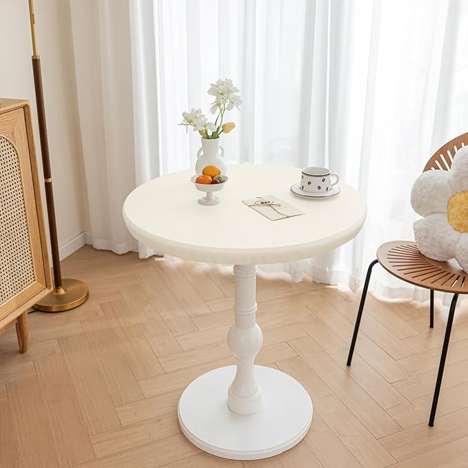 Round Fitted PU Tablecloth with High Elastic Edge 63 Inch Dia Waterproof Oil Proof Table Cloth Anti-Scald Stain-Resistant Wipeable Table Cover for Indoor Outdoor Picnic (Cream,63" Dia)