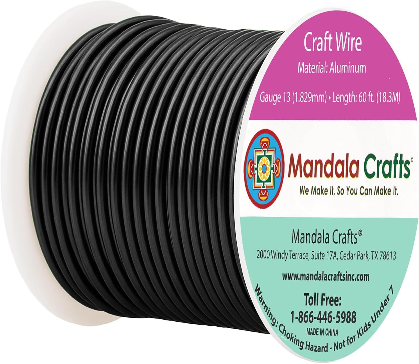 Mandala Crafts 13 Gauge Anodized Aluminum Craft Wire for Jewelry Making - 60 FT Colored Flexible Black Wire - Bendable for Bonsai Armature Crafting Sculpting