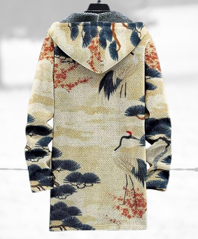 Men's Hooded Sweater Coat Knit Fleece Lined Long Cardigan Jacket with Zip Front Pocket Vintage Casual Zip Up