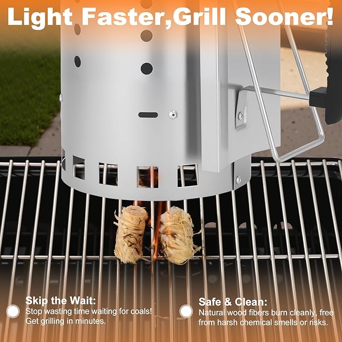 Charcoal Chimney Starter with 24 Pcs Natural Fire Starters, Heavy Duty Barbecues Chimney Starter for Charcoal Grill and BBQ, Easy Grip and Sturdy and Rapid Fire Starter, Zinc Steel