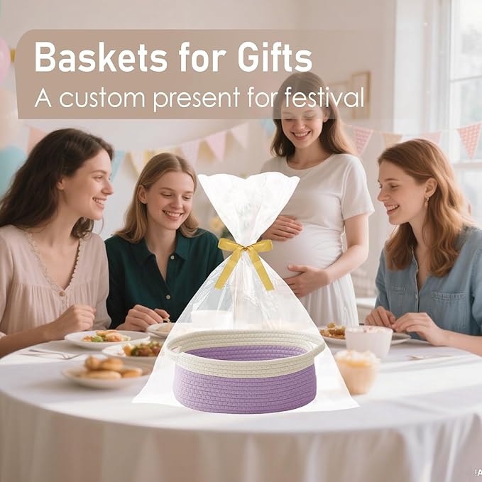 Woven Basket,Small Rope Storage Bin with Handles & Ribbon Bag, Organizer for Shelves Closets,Gift Basket Empty for Birthday,Books,Dog Toys, White&Purple/2 Pack