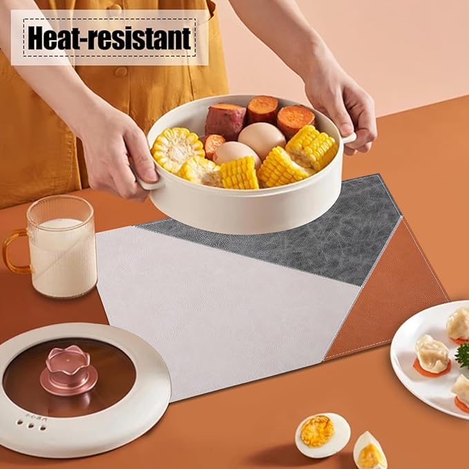 PU Placemats Set of 6 Wipeable,Geometric Pattern Faux Leather Placemat for Dining Table,Reversible Waterproof Heat Resistant Washable Anti Slip Table Mats,Modern Table Protectors