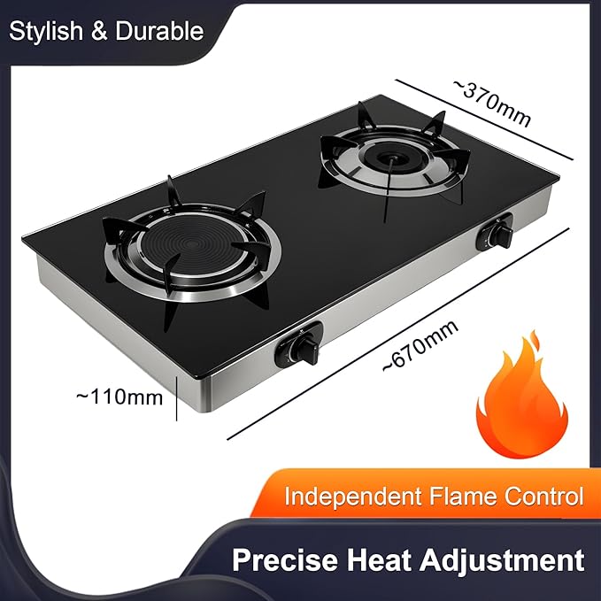 2 Burner Propane Gas Stove, 20472 BTU/h Portable Tempered Glass Camping Stove with Infrared and Blue Flame, Auto-Ignition, Portable BBQ Propane for Cooking, Outdoor, Camping, RV & Emergency Use