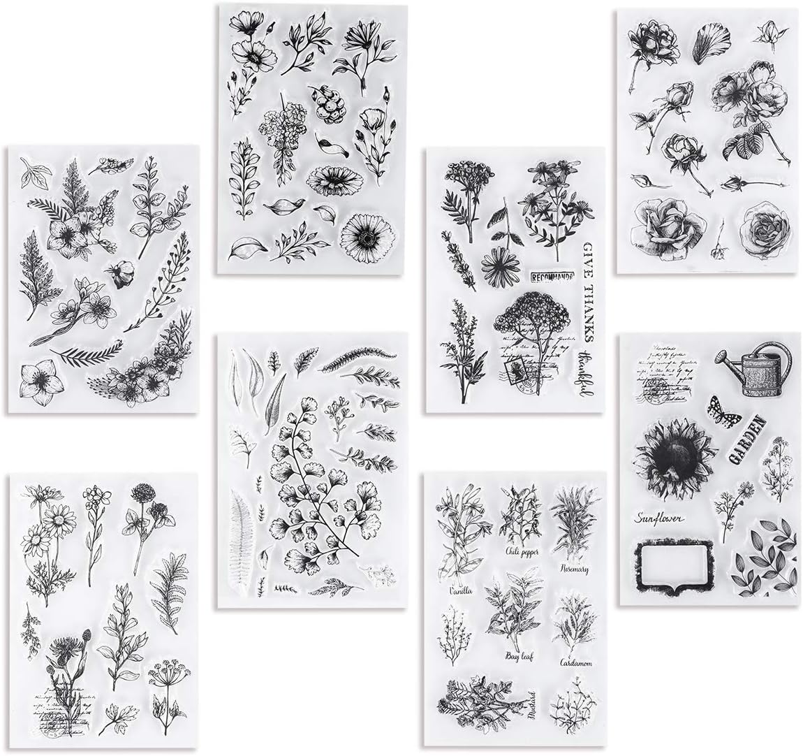 UCEC 8 Sheets Flower Clear Stamps for Card Making, Silicone Stamps for Crafting, Flower Stamp Clear Rubber Flowers Vintage Plants and Decoration and DIY Scrapbooking