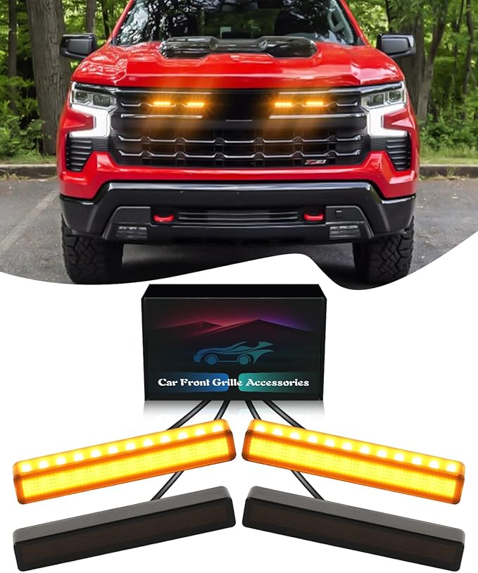 LED Grill Light for 2025 2024 Chevrolet Silverado Raptor Grille Lights Amber Warning Front Bumper Lamp 2019-2023 Silverado Accessories 4Pcs (Yellow)