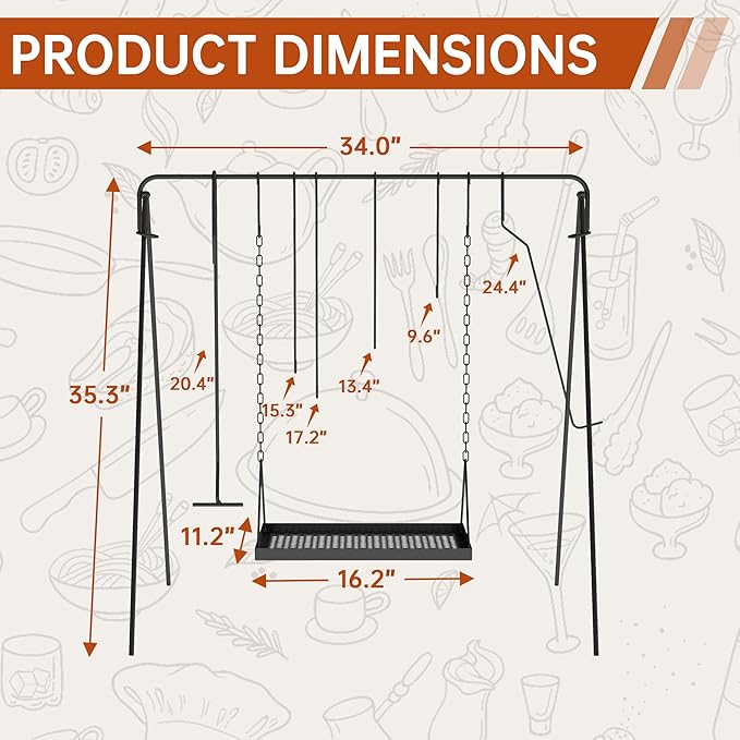 Campfire Swing Grill with Adjustable Grill Cooking Rack,Camp Fire Cooking Equipment Comes With 8 Hooks, Accessories and handbag,Portable Dutch Oven Hanger for Camping, Hiking, Cookware, Bonfire