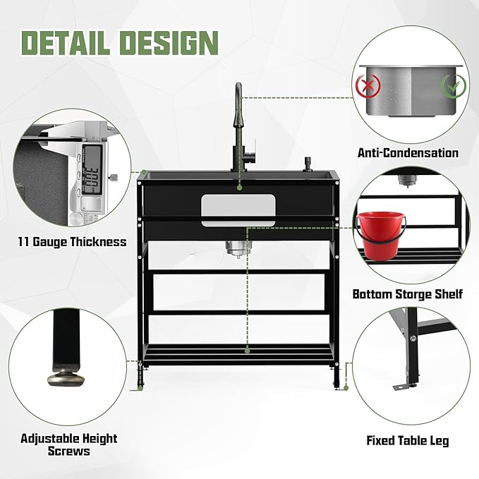 Black 30x18 Inch Freestanding Utility Sink-Stainless Steel Laundry Sink Practicality With Accessories Black Stainless Faucet,Soap Dispenser, SS Sink Grid For Laundry,Garage,Outdoor Kitchen,Garden...