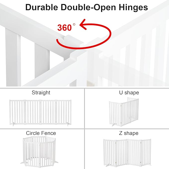 36" Height Extra Tall Freestanding Pet Gate, Solid Wood Folding Safety Fence Wooden Dog Gate with 2 PCs Support Feet Ideal for Stairs, Doorways, Halls, Kitchens, Heavy Duty Gates, 4 Panels, White