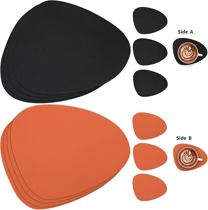 Myir JUN Placemats, Dual-Sided Placemats Waterproof Faux Leather Placemats Set of 6 Place Mats and Coasters Non-Slip Washable Table Mats for Dining Table (Black Orange, Set of 6)
