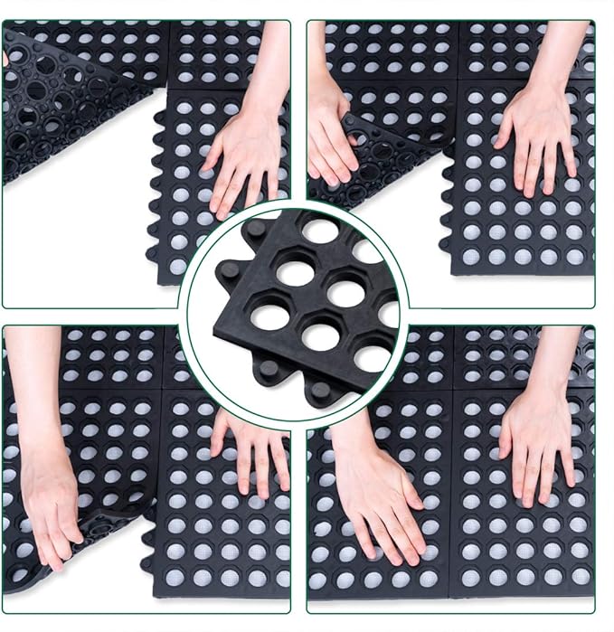 Interlocking Rubber Mats for Floor Anti Fatigue Kitchen Mats 9 Pack 11.8" x 11.8" Modular Rubber Interlocking Floor Tiles, Pool Balcony Patio Yard Pet Area Use Restaurant Rubber Bar Floor Mat Black