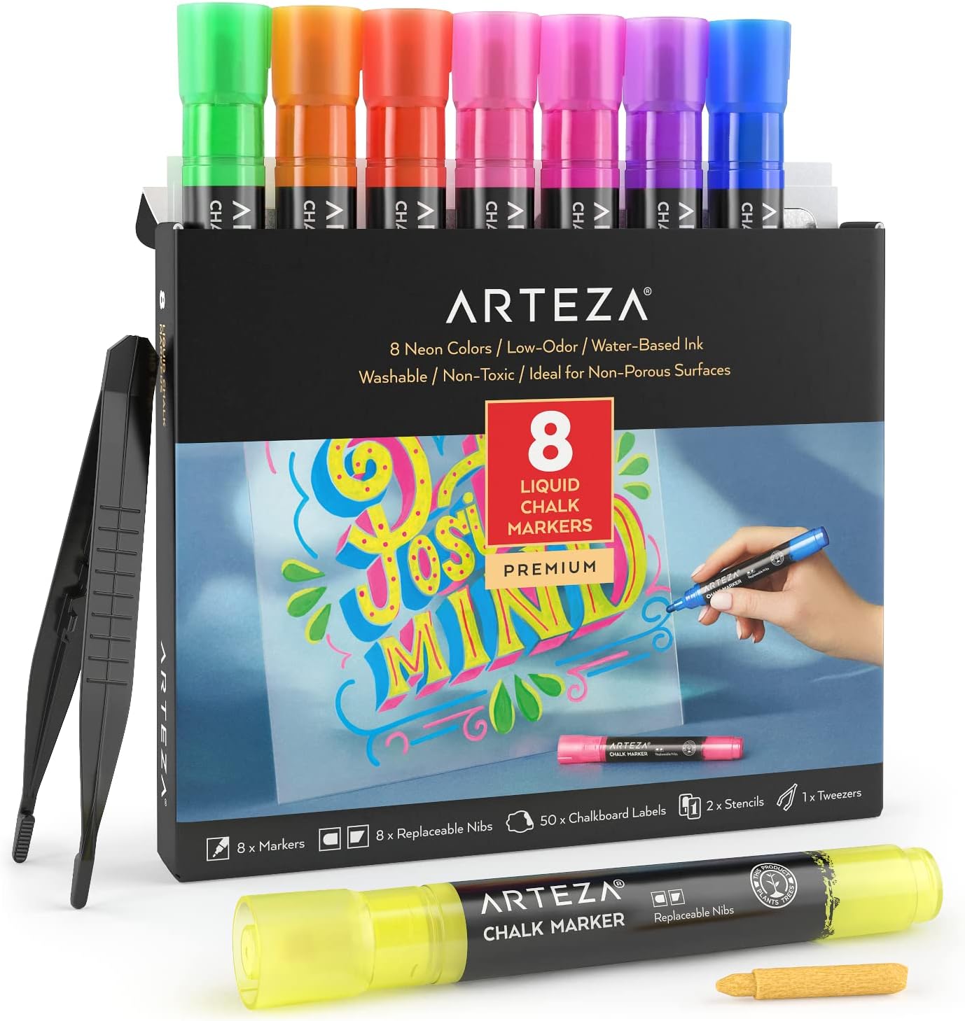 ARTEZA Liquid Chalk Markers, Set of 8 Neon Colors, Erasable & Washable