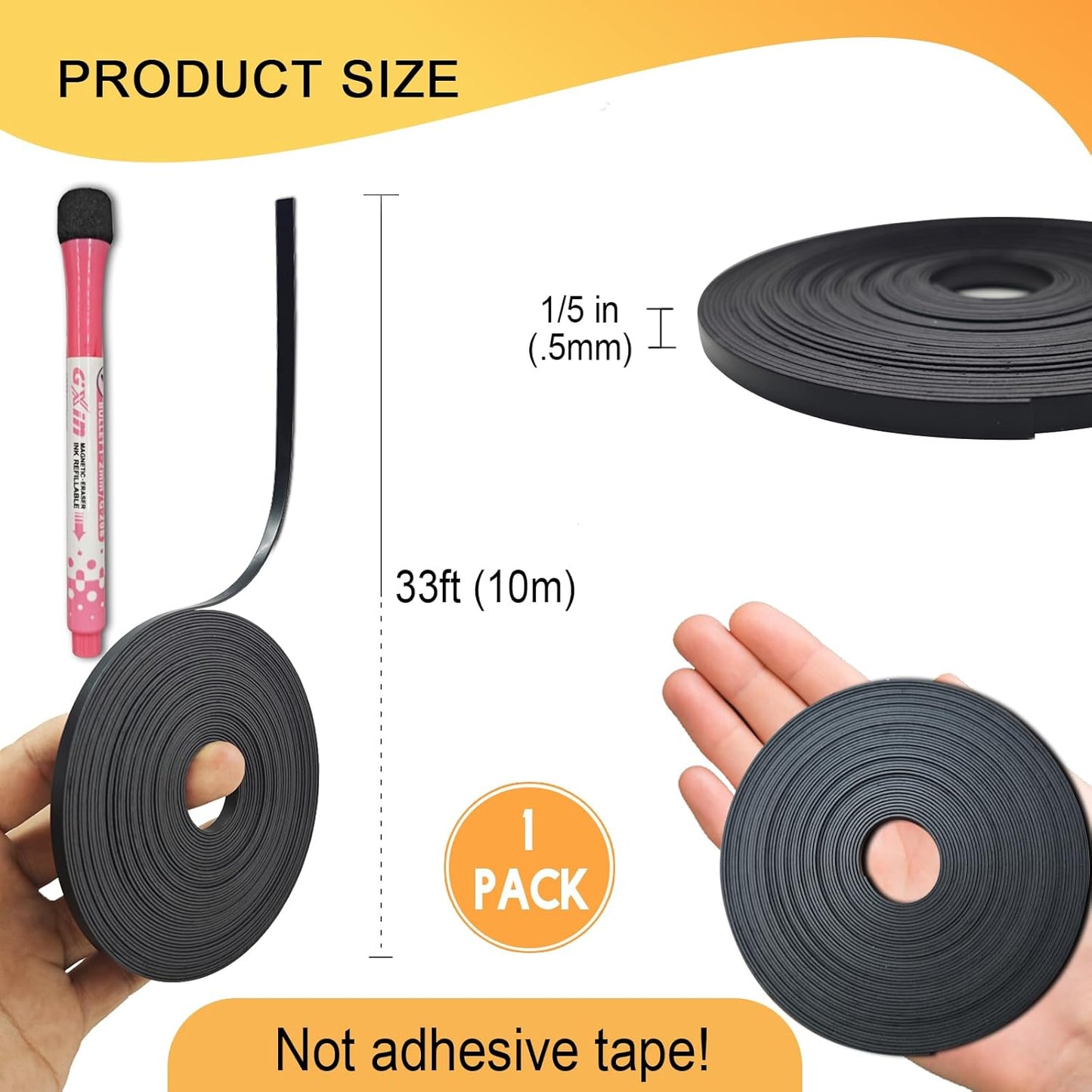 Magnetic Tape Roll Thin Strip, 1/5 Inch x 33 Feet Magnet Tape Line for Classroom Office, Magnetic Boarders for Witeboard (Black)