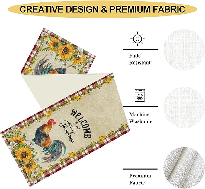 Rooster Table Runner, Farmhouse Red Plaid Sunflower Floral Chicken Farm Cow Pig Rustic Coffee Table Center Decor for Family Kitchen and Dining Room Outdoor Country Party Table Decorations, 13"x36"