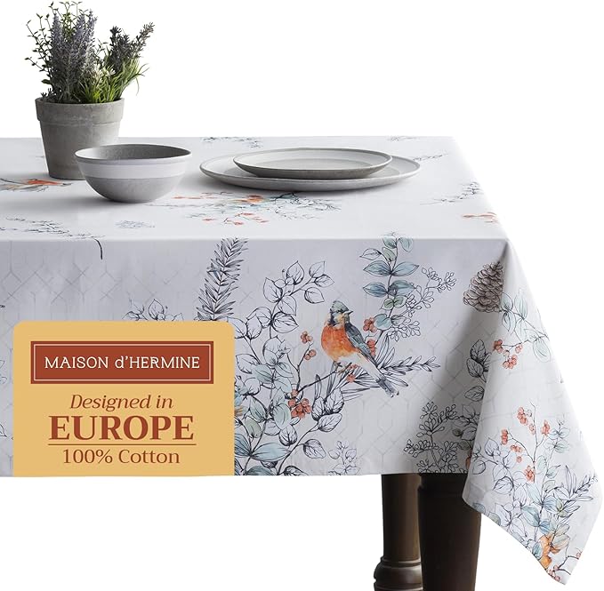 Maison d' Hermine Table Cloth Rectangle Table 100% Cotton 54 x 72 Inches Fall Tablecloth Reusable Everyday Use for Thanksgiving Christmas Decorations Dining Farmhouse Party (Whitish Shabby Chique)