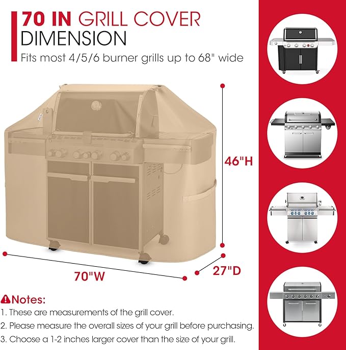 Unicook 70 Inch Grill Cover for Outdoor Grill, Heavy Duty Large BBQ Cover with Handles and Straps, Compatible with Weber Charbroil Nexgrill Kenmore Grills etc, All Weather Protection, Light Brown