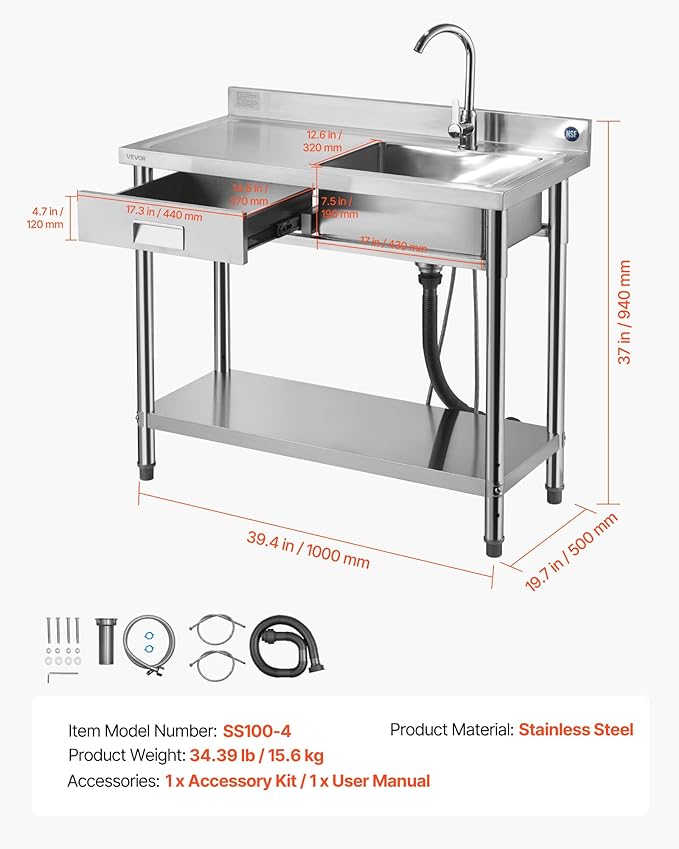 VEVOR Stainless Steel Utility Sink, Free Standing Single Bowl Commercial Kitchen Sink with Drawer, Faucet and Hot & Cold Water Pipe, Utility Basin for Garage Restaurant Laundry, 39.4 x 19.7 x 37 in