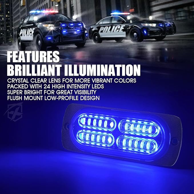 Xprite 24 LED Blue Surface Mount Strobe Police Lights Kit, Emergency Safety Warning Flashing Grille Safety Cop Marker Light Assembly for Volunteer Vehicles Trucks ATV UTV Motorcycle 4PCS