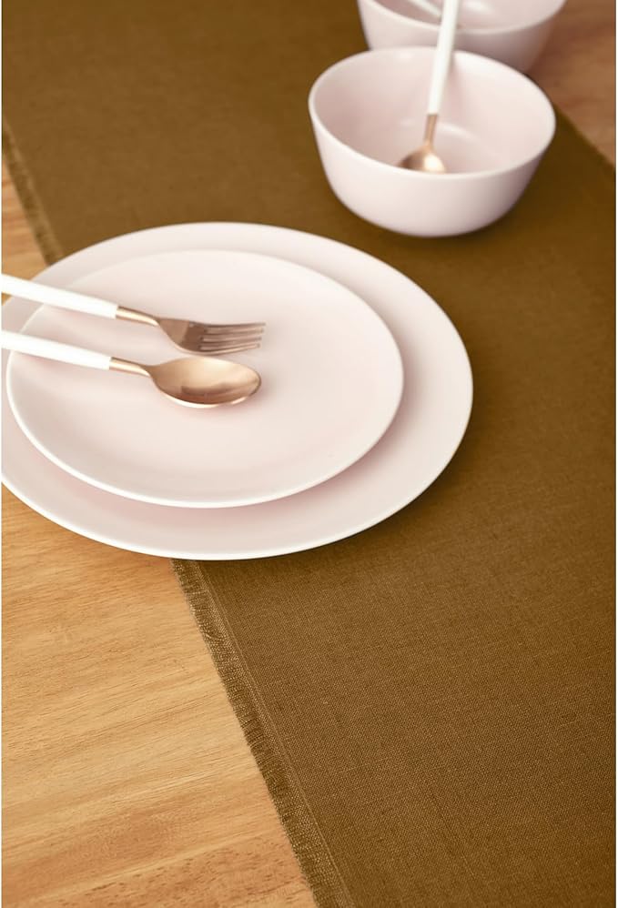 Solino Home Fringe Linen Table Runner 72 Inches Long - 100% Pure Linen Toffee Brown Dining Table Runner 14 x 72 Inch - Handcrafted and Machine Washable