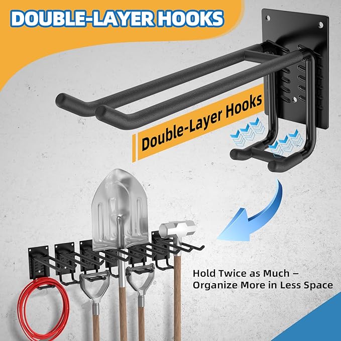 2 Pack Garage Hooks Heavy Duty 10 INCH Double-Layer Steel Shed Wall Mount Workshop Garage Storage Organizer Hooks for Hanging Garden Tool, Hose, Ladder, Chairs, Bikes with Anti-Slip Coating