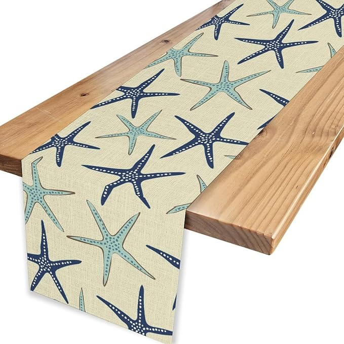 Blue Starfish Table Runner,Nautical Beach Ocean Table Runner Seasonal Holiday Home Kitchen Dining Table for Home Party Decor 13"x72"