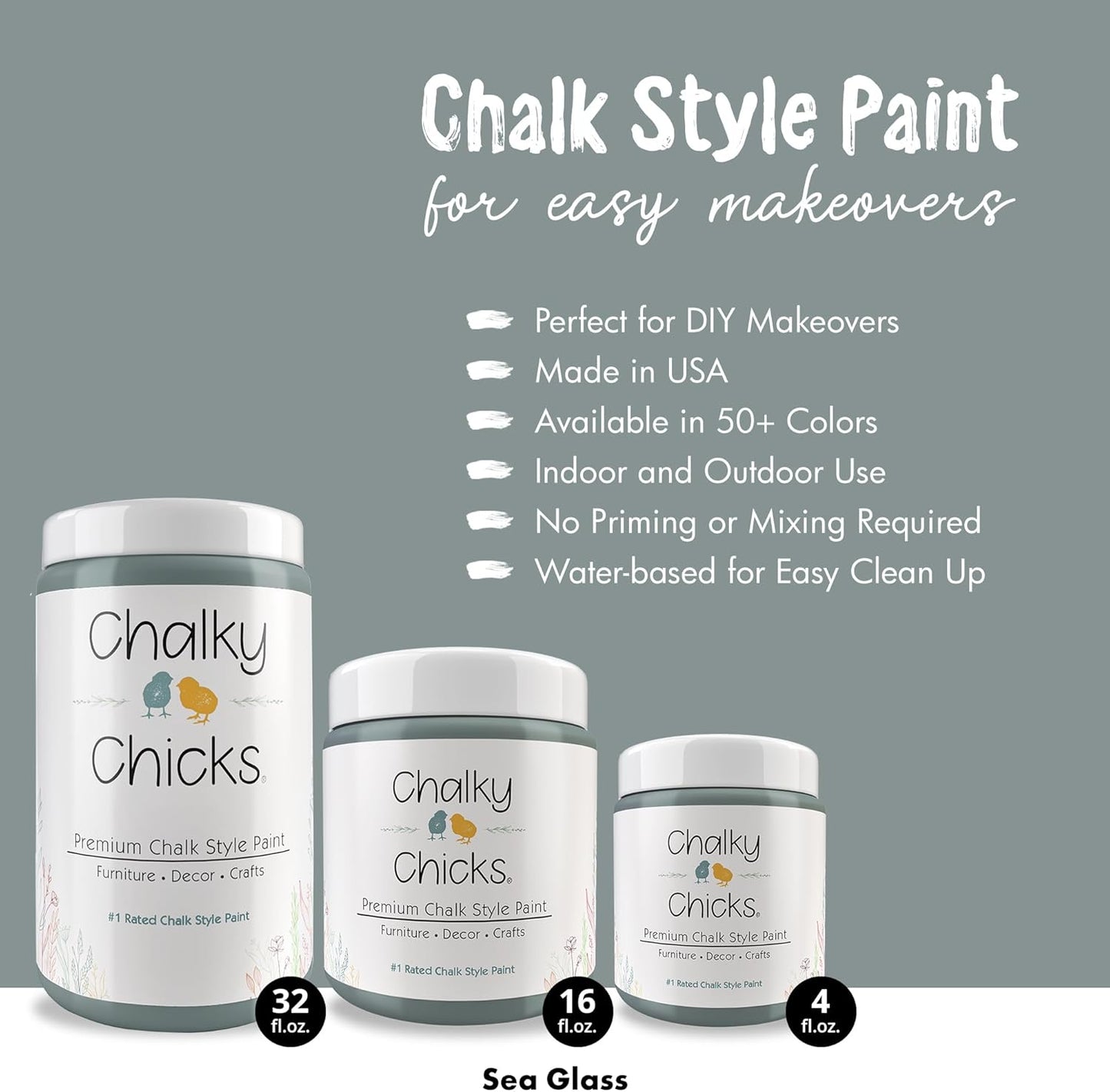 Chalky Chicks All-in-One Chalk Paint for Furniture or Cabinet - 16 Fl Oz - Matte Finish Sea Glass (Light Blue) for Metal, Wood Furniture Paint - No Sanding All-in-One for Home Decor & Crafts, USA Made