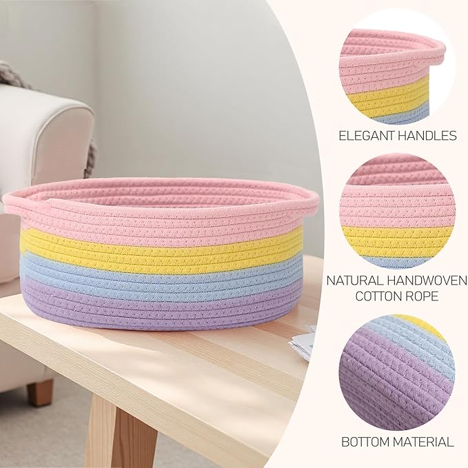 Woven Basket,Small Rope Storage Bin with Handles & Ribbon Bag, Organizer for Shelves Closets,Gift Basket Empty for Birthday,Books,Dog Toys, Rainbow