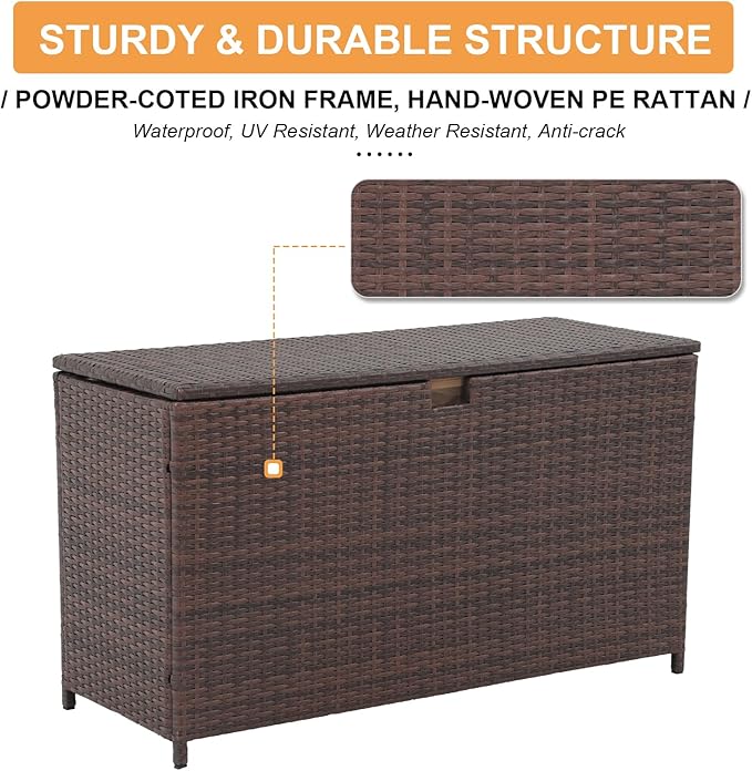 Super Patio Wicker Outdoor Patio Storage Box Waterproof, 120 Gallon Large Deck Box Rattan Storage Bin for Cushions, Garden Tools, Pool, Brown