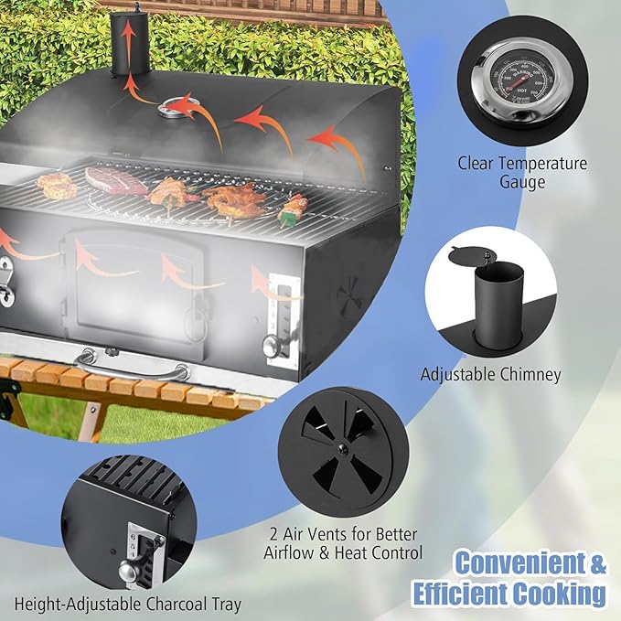 Large Built-in Barbecue Grills, Charcoal BBQ Grills with Liftable Tray, Insulated Hood & Temp Gauge, Black Stainless Steel Charcoal BBQ Barrel Grill for Outdoor Kitchen Camping Park Style