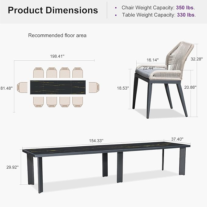 PURPLE LEAF 11 Pieces Patio Dining Set Aluminum Oversize Rectangular Table and Wicker Chairs with Cushions for Kitchen Porch Garden Modern Outdoor Furniture Sets, Dark Grey