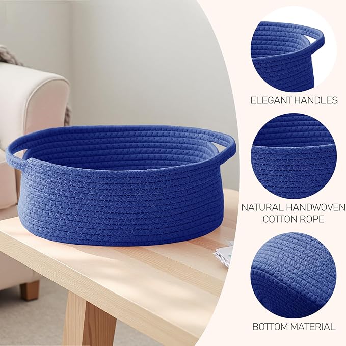 Woven Basket,Small Rope Storage Bin with Handles & Ribbon Bag, Organizer for Shelves Closets,Gift Basket Empty for Birthday,Books,Dog Toys, Navy Blue/2 Pack