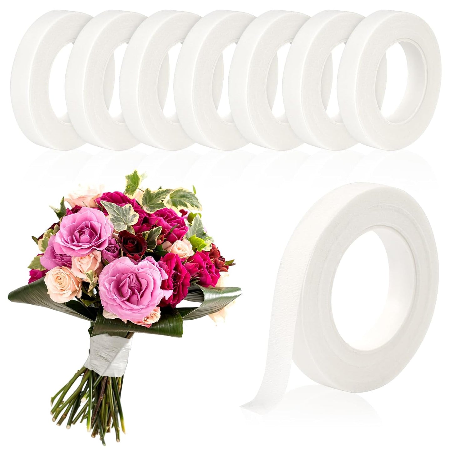 8 Rolls Floral Tape, 1/2" Wide Flower Tape, White Floral Tape for Fresh Flowers, Adhesive Florist Tape for Floral Crafts, Bouquet Floral Arranging Stem Wrapping, Wedding Bouquet, 30Yard