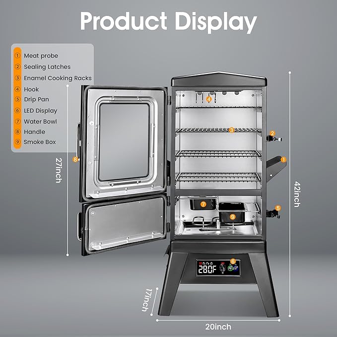 Vertical Electric Smoker with Cover & Meat Probe, BBQ Smokers with 4 Cooking Grates, 633 Sq.in Cooking Space, LED Temperature Control for Outdoor Cooking,Smoke Ribs,Brisket,Chicken