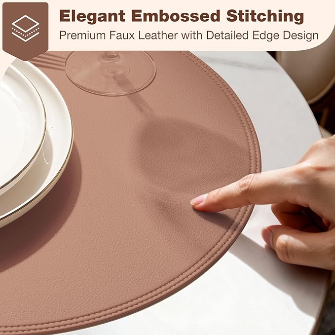 Round Vinyl Pink Placemats Set of 6, Faux Leather Waterproof Wipeable Heat Resistant Place Mats, Washable Table Mats for Halloween, Thanksgiving & Christmas Dinner(Pink)