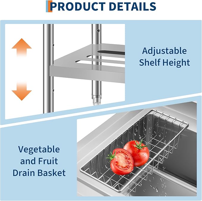 Stainless Steel Utility Sink, 35 Inch Freestanding Commercial Sink, Adjustable Leg with Hot and Cold Water Faucet, Hoses and Drain Kit, Large Laundry Tub for Kitchen, Garage, Bathroom, Outdoor Use