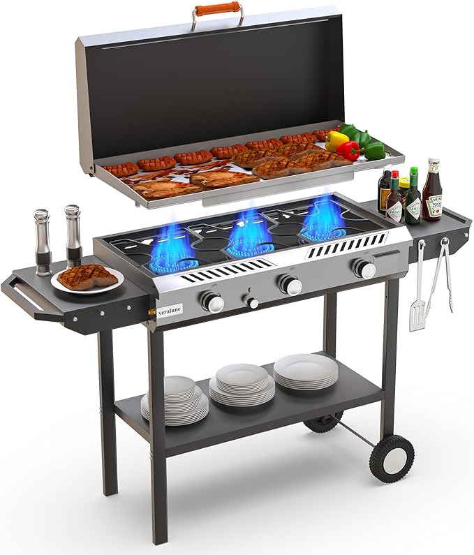 Veralune 3 Burner Propane Stove with Griddle, 225,000 BTU High Pressure Propane Stove with Auto Ignition Button, Outdoor Cooking Stove for Camping, Backyard, Patio, Cooking, BBQ