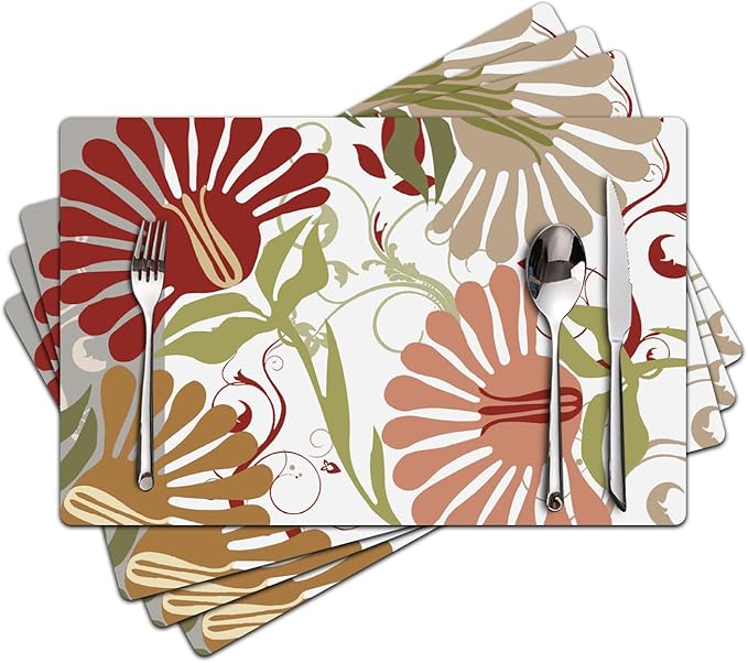 Flower Placemats Set of 4 - Spring Floral Faux Leather Heat Resistant Placemats for Dinner Table, Non-Slip Waterproof Oil-Proof Washable Reusable Placemat for Indoor Outdoor Kitchen, 15.75In*11.81In