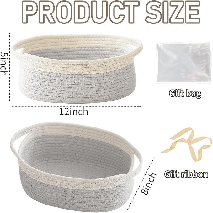 Woven Basket,Small Rope Storage Bin with Handles & Ribbon Bag, Organizer for Shelves Closets,Gift Basket Empty for Birthday,Books,Dog Toys, White&Grey/3 Pack