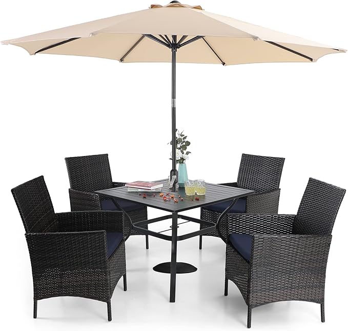 Sophia & William 5 Pieces Patio Dining Set with 9 ft Beige Patio Umbrella, Outdoor PE Rattan Chairs and Square Metal Table Set with Cushions and 1.57" Umbrella Hole for Backyard Porch Poolside