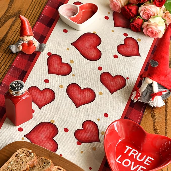 Artoid Mode Red Watercolor Hearts Gnomes Love Valentine's Table Runner, Seasonal Anniversary Wedding HoliKitchen Dining Table Decoration for Indoor Outdoor Home Decor 13x72 Inch